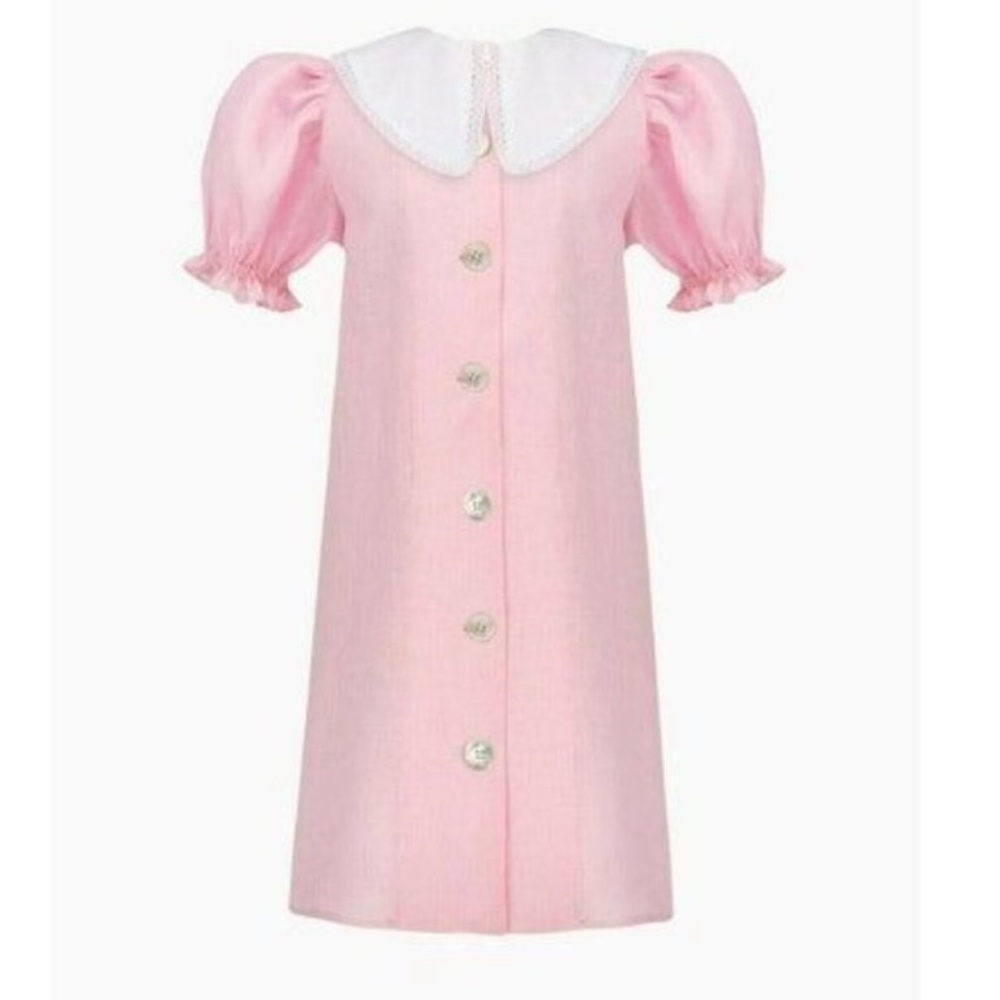 Sleeper Pink Linen Dress with Cream Collar